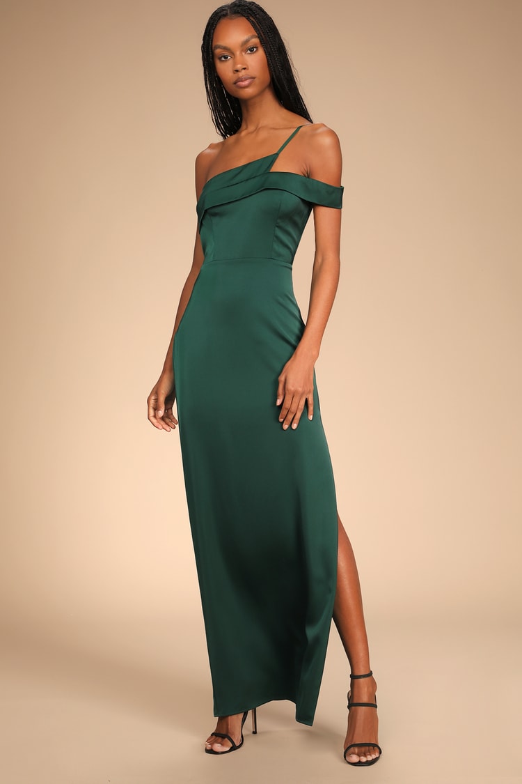 Emerald Green Maxi Dress - Satin Dress - One-Shoulder Dress - Lulus