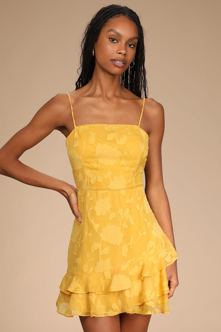 Yellow Floral Burnout Dress - Ruffled Mini Dress - Tiered Dress - Lulus