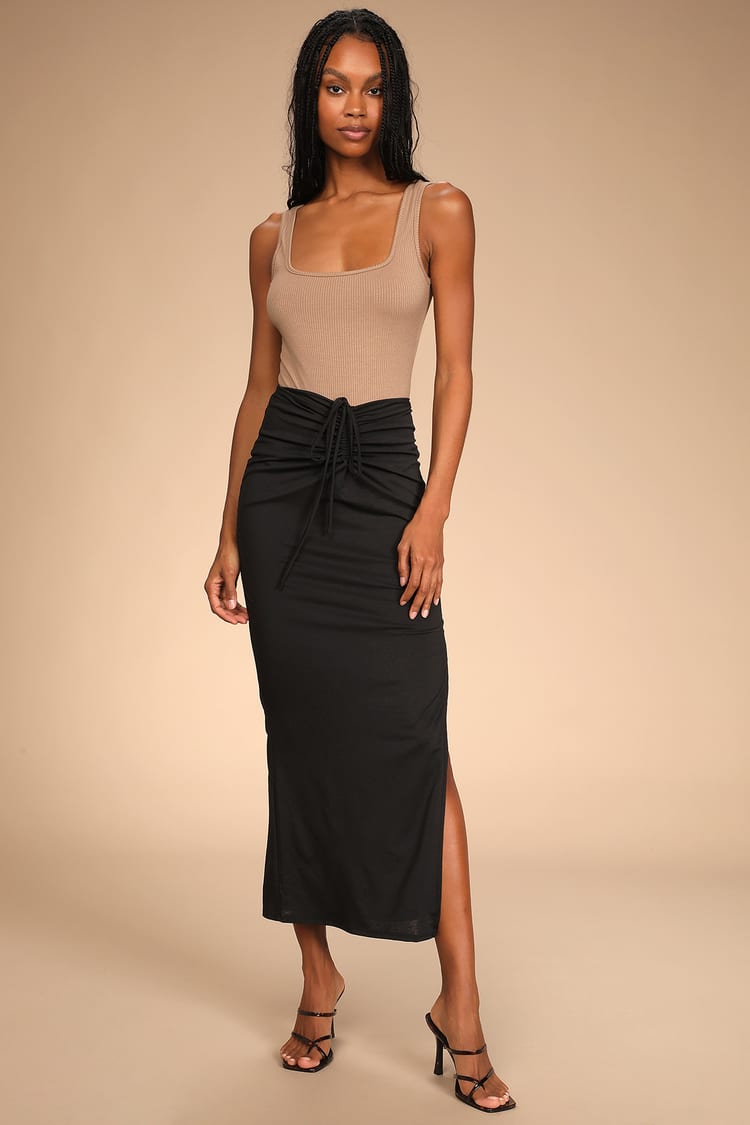 Black Maxi Skirt - Cinched Drawstring Skirt - Ruched Maxi Skirt - Lulus
