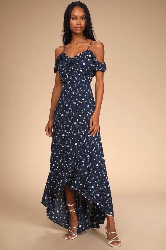 Navy Blue Floral Print Dress Ruffled Maxi Dress Ots Dress Lulus 