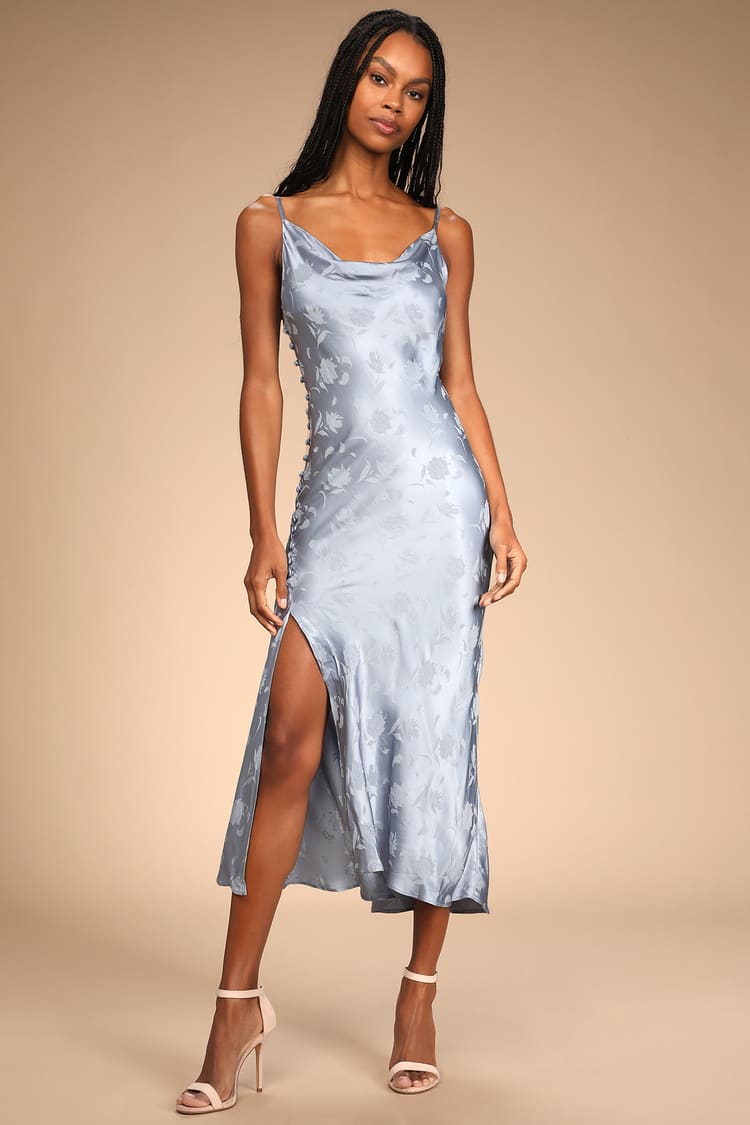 Blue Satin Midi Dress - Floral Satin Midi Dress - Brocade Dress - Lulus