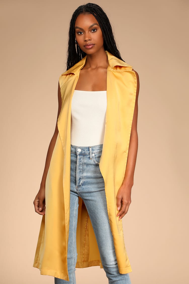 Mustard Yellow Duster - Satin Jacket - Sleeveless Vest Jacket - Lulus