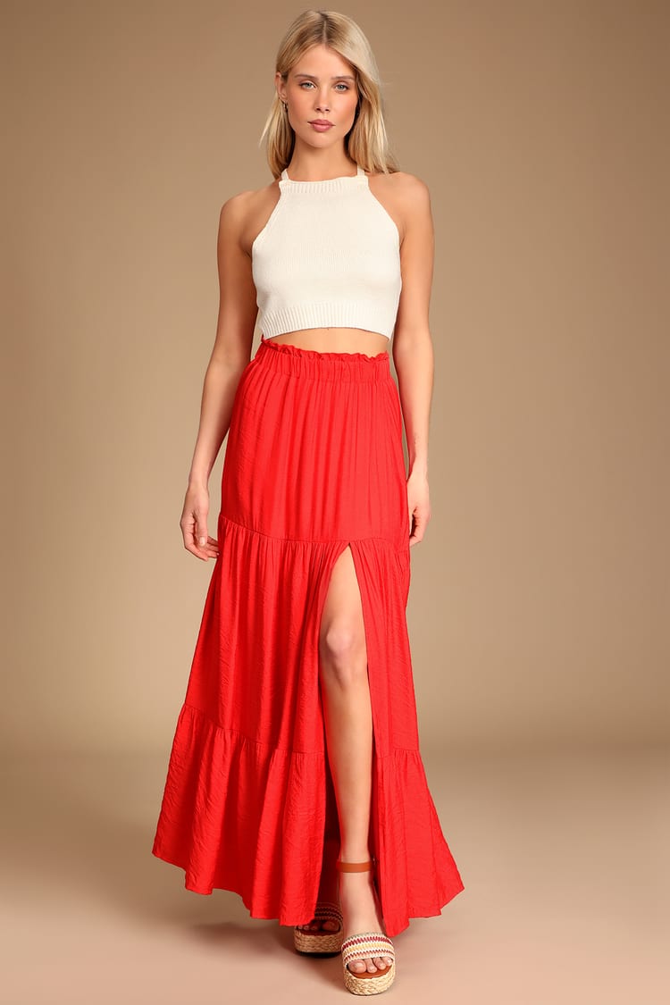 Red Maxi Skirt - Tiered Maxi Skirt - Thigh Slit Maxi Skirt - Lulus