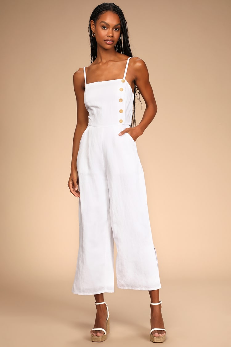 White Linen Jumpsuit - Wide-Leg Jumpsuit - Sleeveless Jumpsuit - Lulus