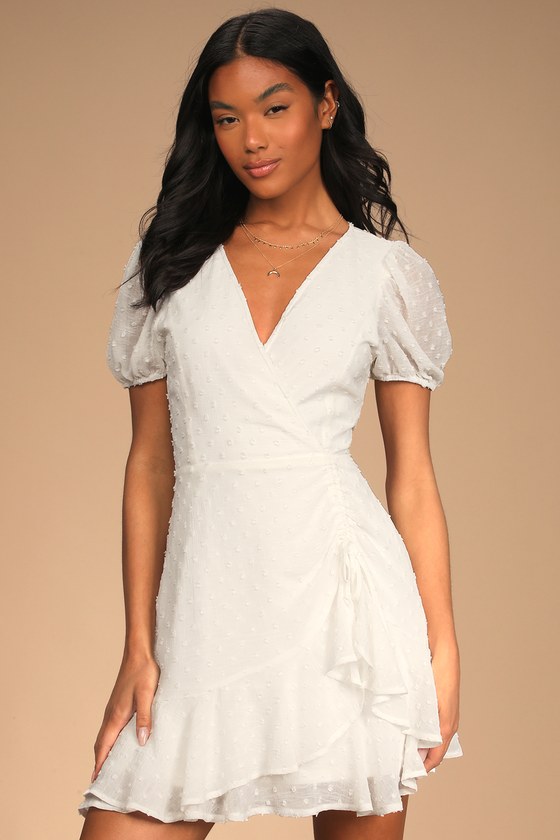 White Swiss Dot Dress - Puff Sleeve Mini Dress - Ruched Dress - Lulus