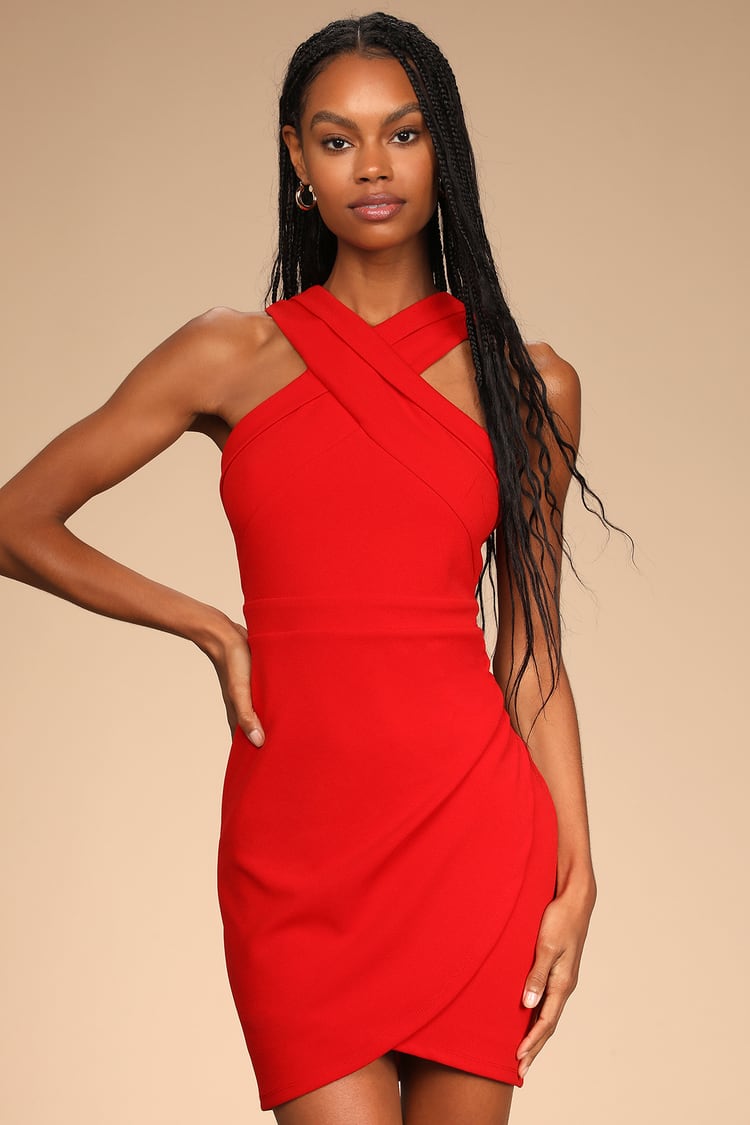 Red Mini Dress - Halter Dress - Sleeveless Tulip Dress - Lulus