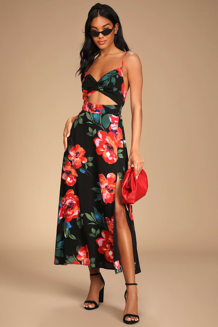 Black Floral Dress - Tie-Back Maxi Dress - Twist-Front Dress - Lulus