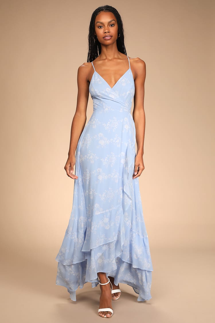 Cute Light Blue Dress - Floral Print Mini Dress - Ruffled Dress - Lulus