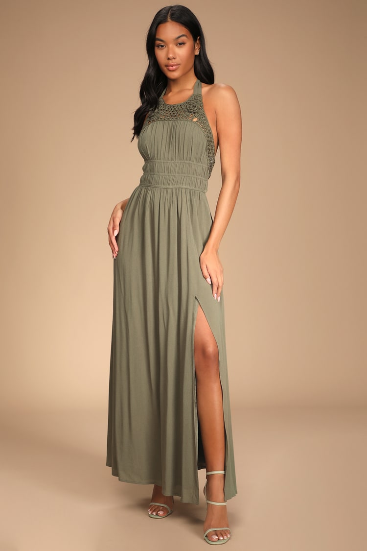 Olive Green Crochet Dress - Halter Maxi Dress - Tie-Back Dress - Lulus