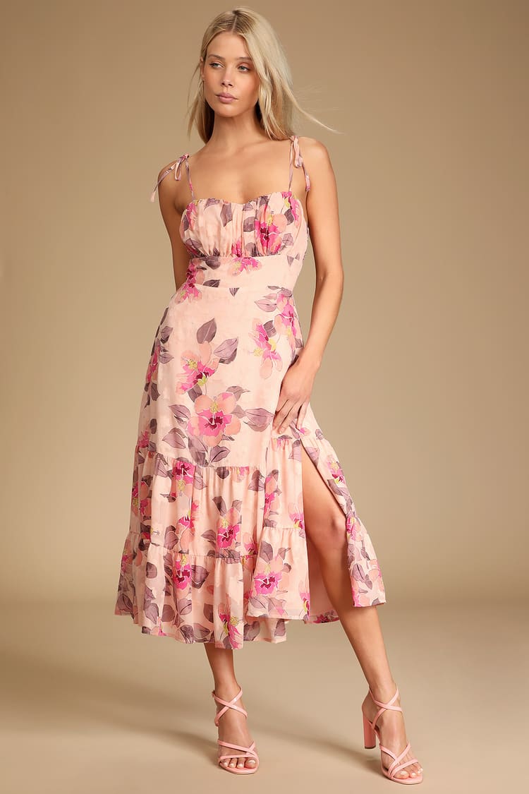 Pink Floral Print Dress - Tie-Strap Midi Dress - Tiered Dress - Lulus