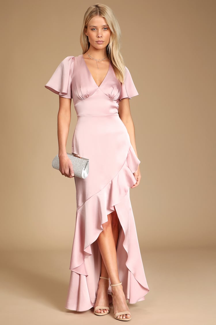 Blush Satin Maxi Dress - Chic Ruffled Maxi - Flutter Sleeve Gown - Lulus