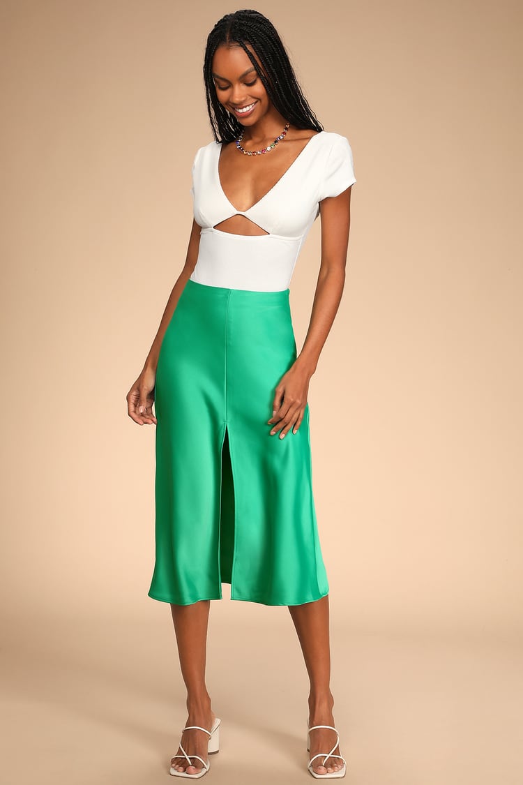Green Midi Skirt - Satin Midi Skirt - Center Slit Midi Skirt - Lulus