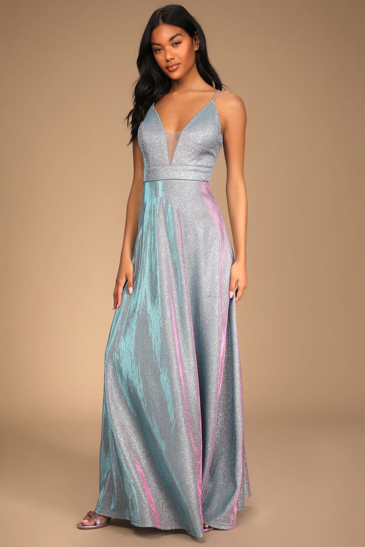 Light Blue Lurex Maxi Dress - Iridescent Dress - Sleeveless Dress - Lulus