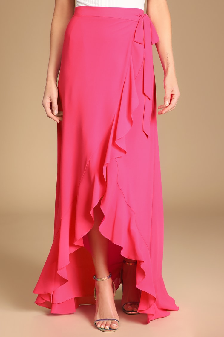 Hot Pink Maxi Skirt - High-Low Maxi Skirt - Ruffled Wrap Skirt - Lulus