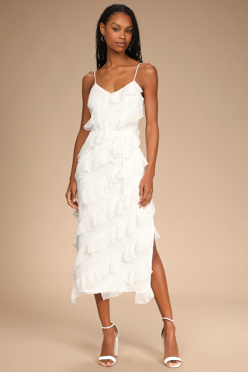 White Ruffled Dress - Ruffled Midi Dress - Tiered Column Dress - Lulus