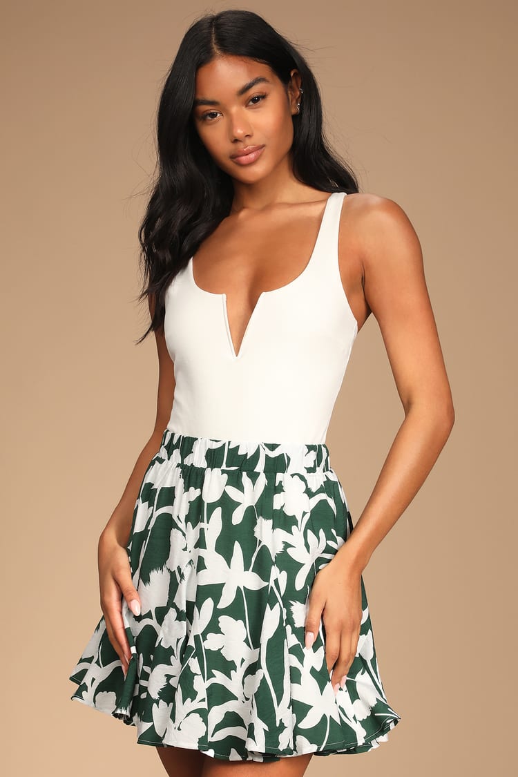 Growing Fonder Green and White Floral Print Mini Skirt