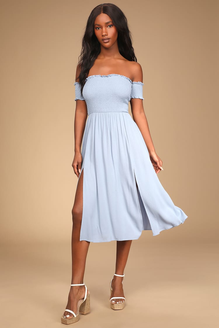 Slate Blue Dress - Off-the-Shoulder Midi Dress - Smocked Dress - Lulus