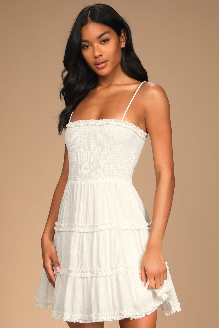 White Mini Dress - Smocked Skater Dress - Tiered Lace Dress - Lulus