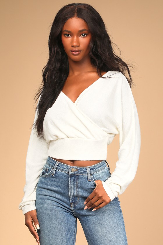 Ivory Knit Top - Surplice Crop Top - Long Sleeve Top - Lulus