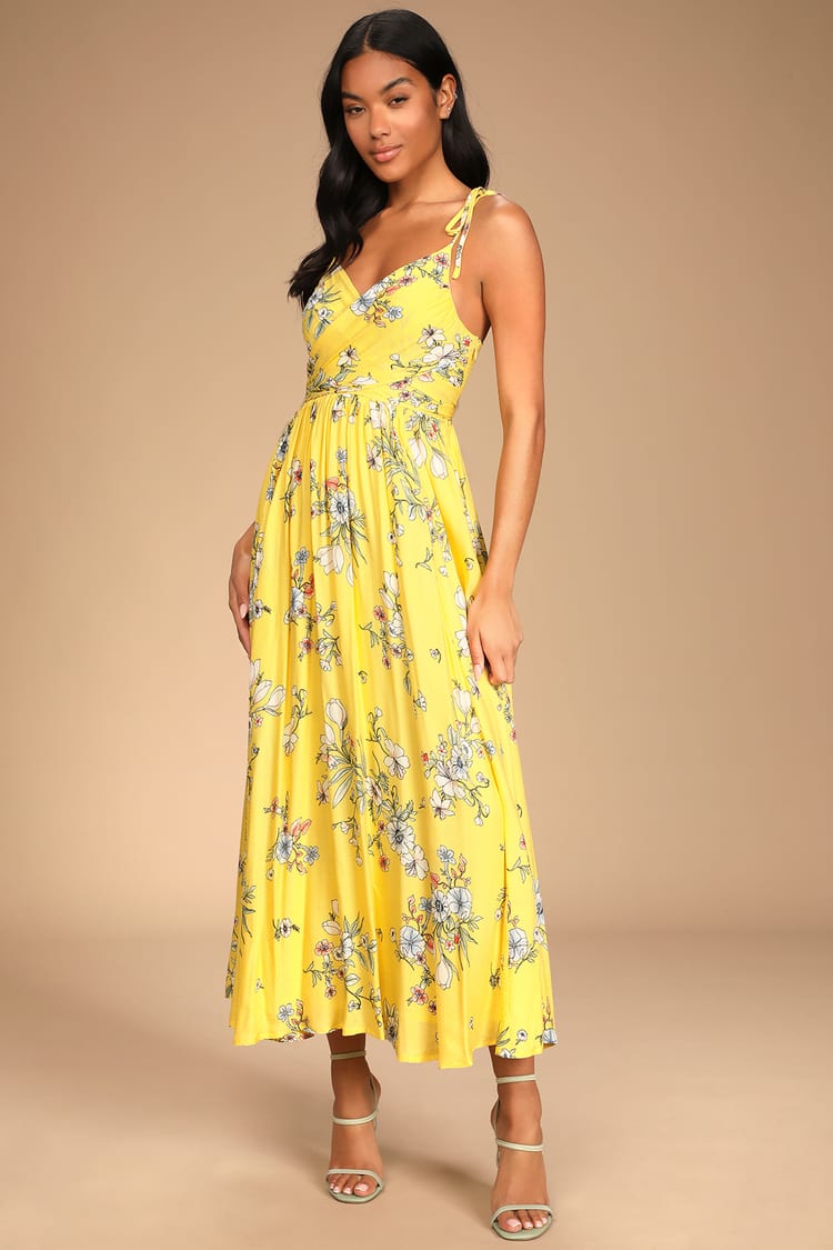 Yellow Floral Maxi Dress - Tie-Shoulder Dress - Floral Maxi Dress - Lulus