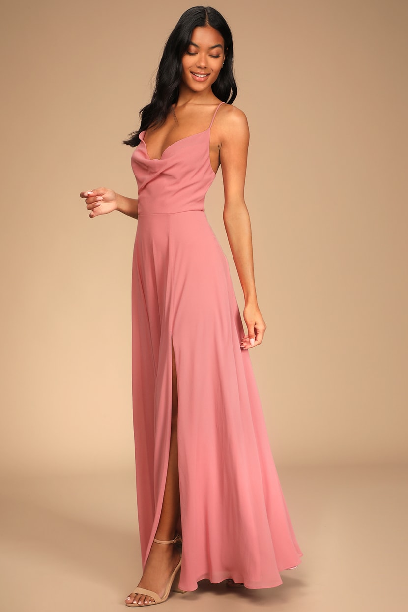 Rose Pink Dress - Cowl Neck Dress - Lace-Up Maxi Dress - Lulus