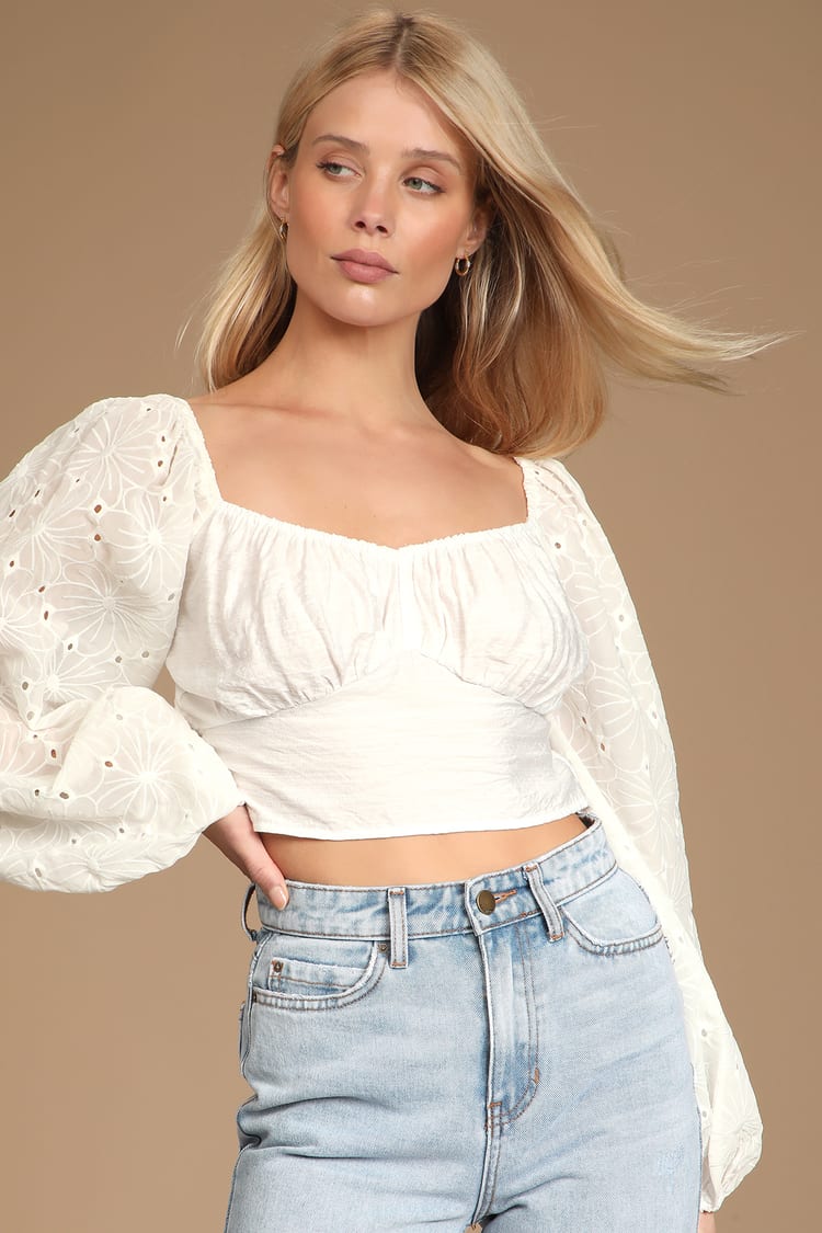 White Crop Top - Embroidered Floral Top - Balloon Sleeve Crop Top - Lulus