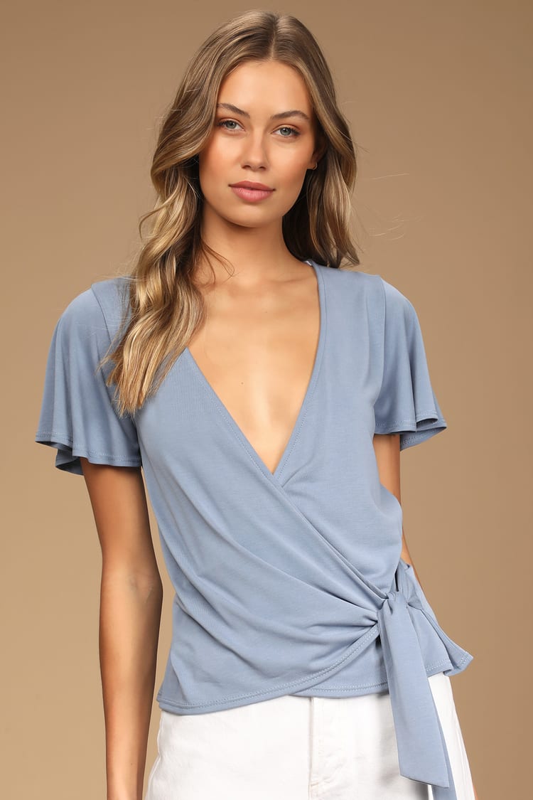 Denim Blue Top - Short Sleeve Top - Faux-Wrap Top - Women's Tops - Lulus