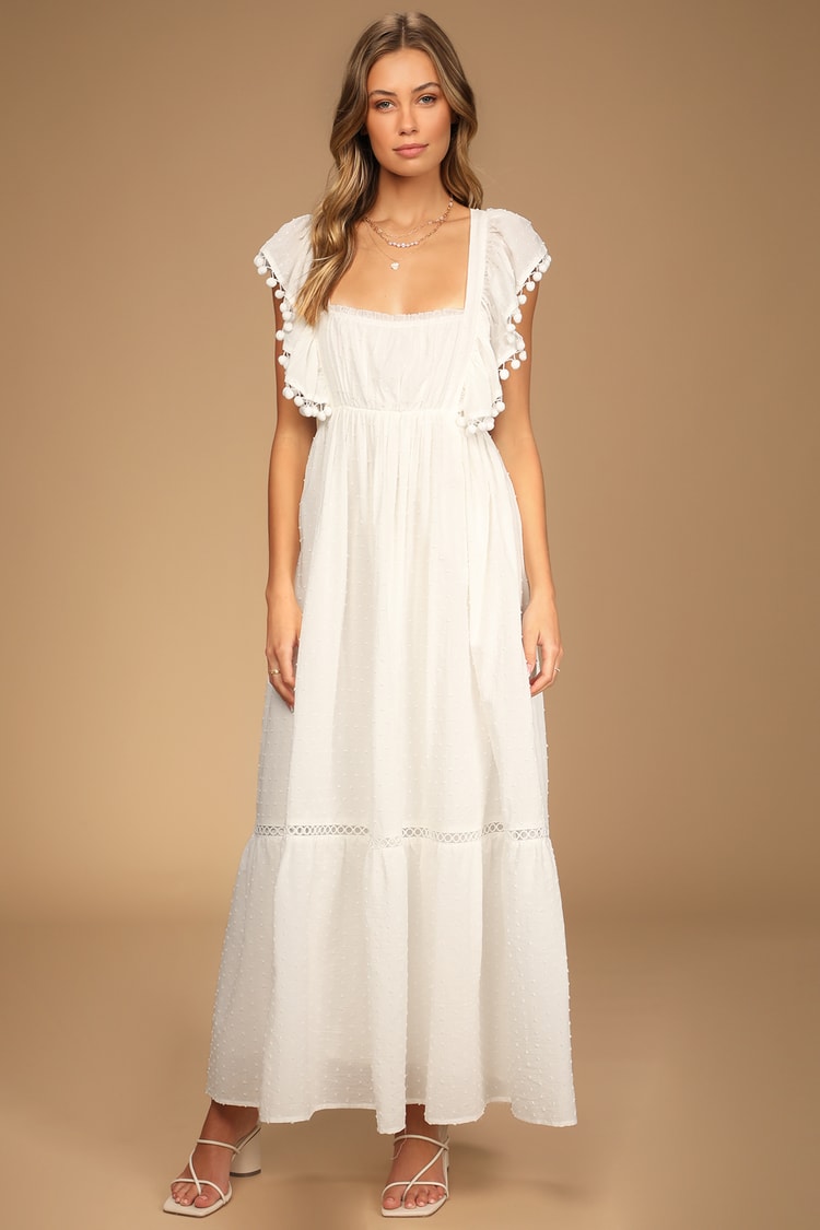 Identitet læber skræmmende White Swiss Dot Dress - Ruffled Maxi Dress - Pom Pom Dress - Lulus