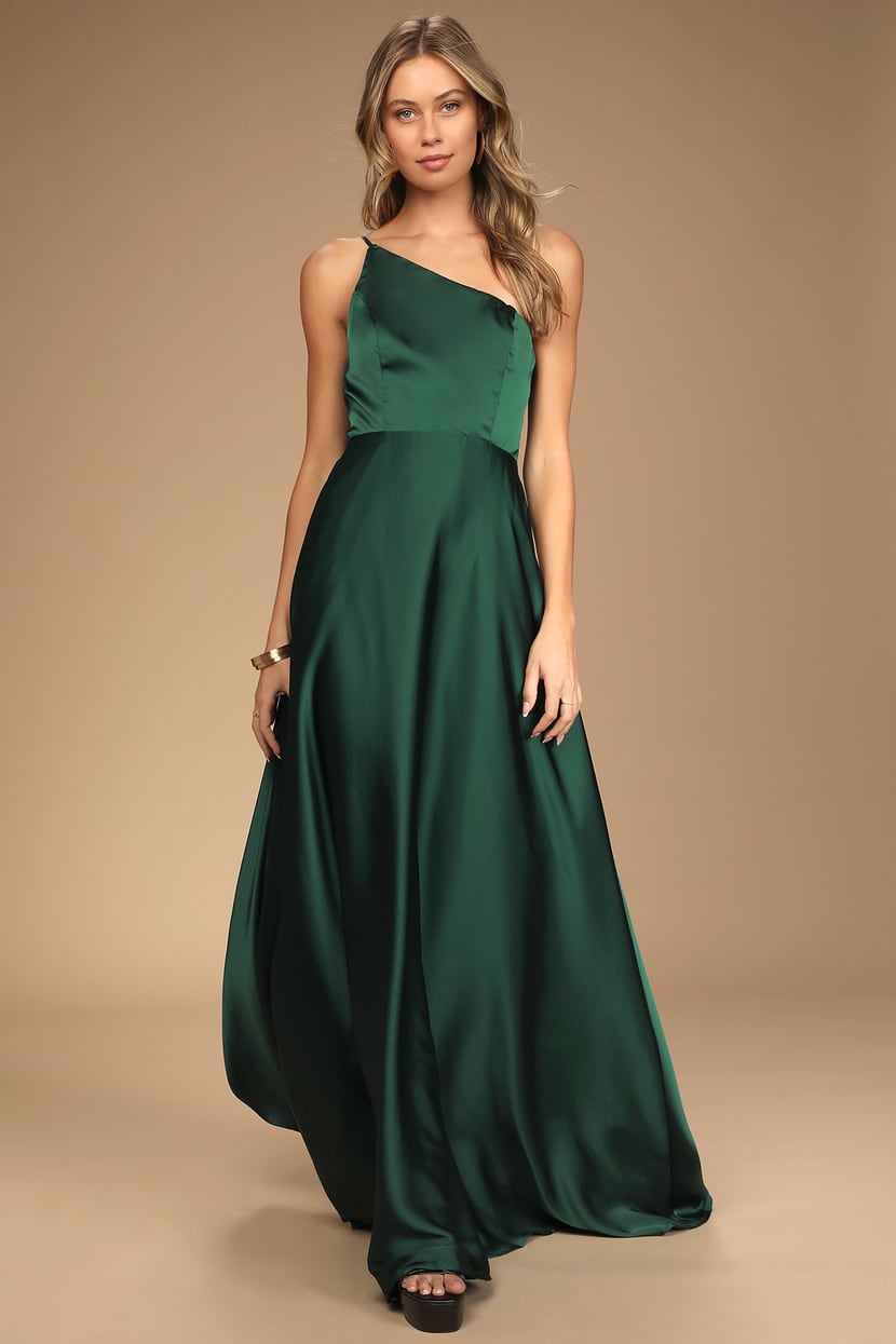 Emerald Maxi Dress - Satin Maxi Dress - One-Shoulder Maxi Dress - Lulus
