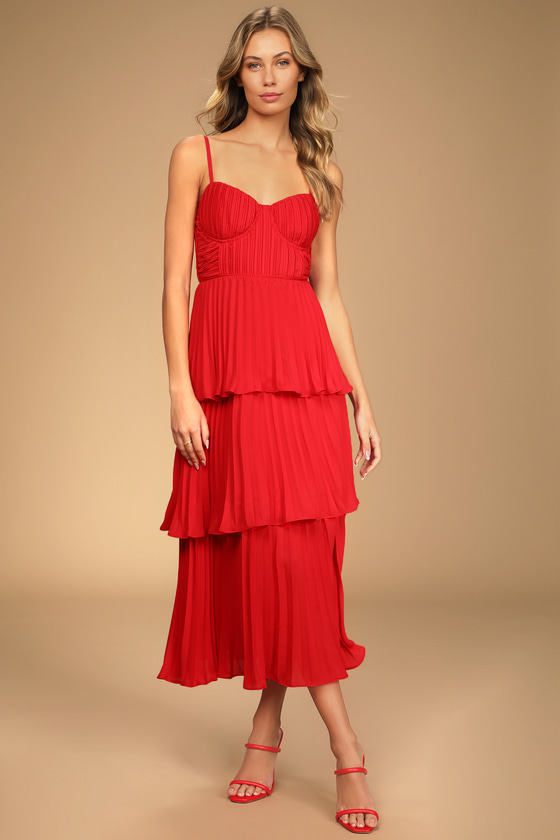 Red Midi Dress - Tiered Pleated Midi Dress - Bustier Midi Dress - Lulus