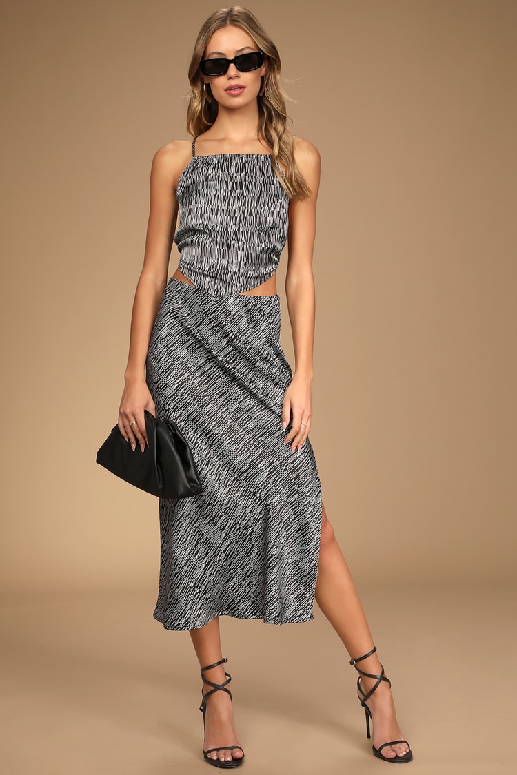 Black Midi Skirt - Satin Skirt - Geometric Print Skirt - Skirt - Lulus
