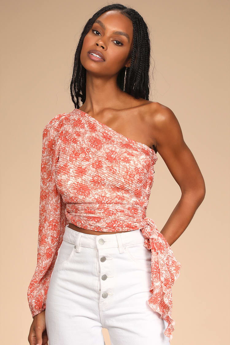 Pink Floral Top - Pleated Chiffon Top - One-Shoulder Top - Lulus