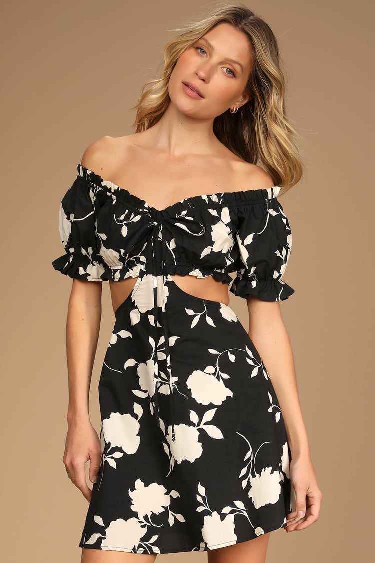 Black Floral Print Dress - Puff Sleeve Dress - Mini Wrap Dress - Lulus