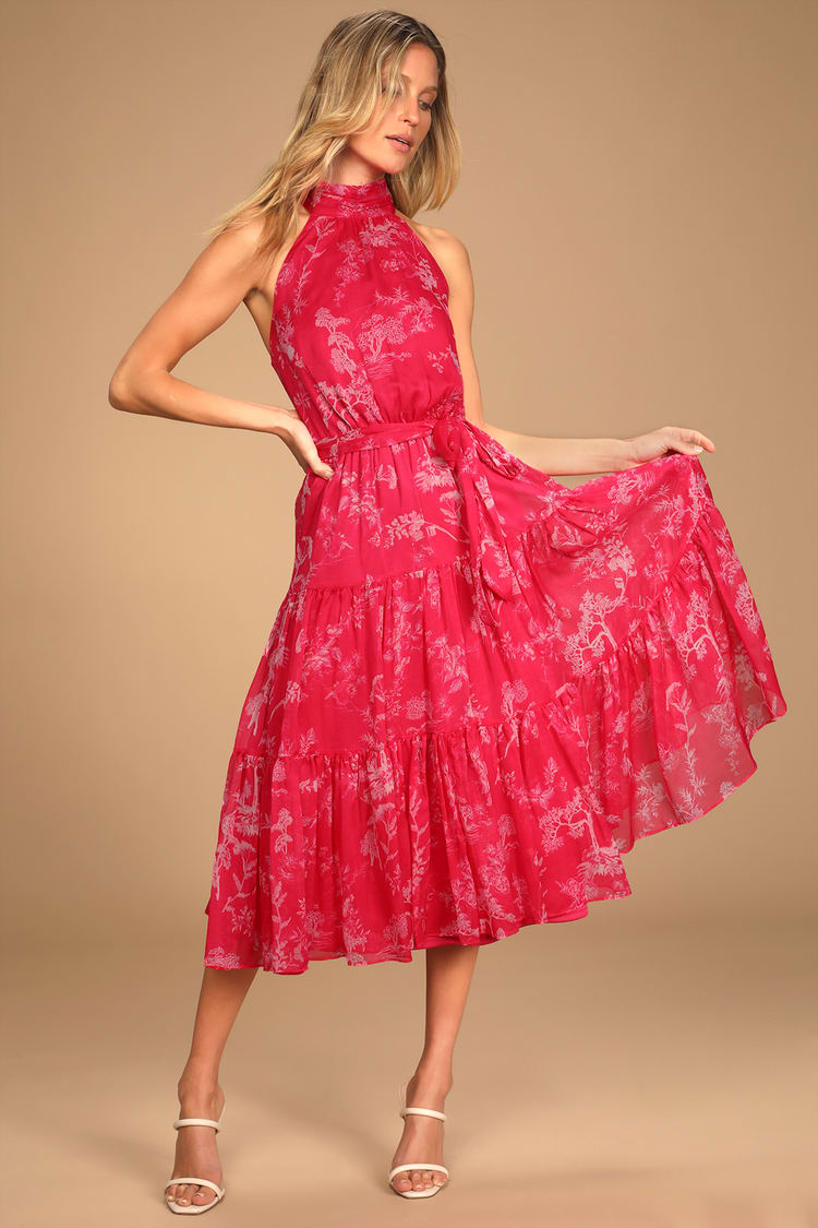 Hot Pink Midi Dress - Tiered Midi Dress - Halter Neck Midi Dress - Lulus