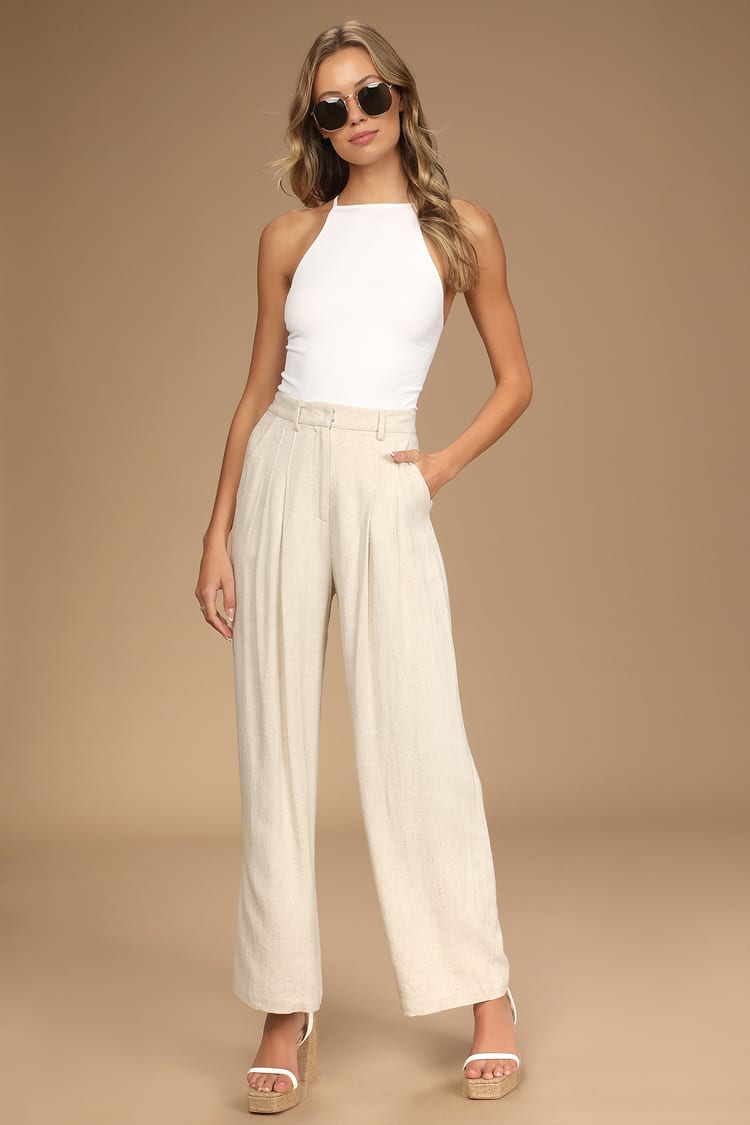 Tanming Women's Casual High Waist Trousers Wool Blend Cropped Wide