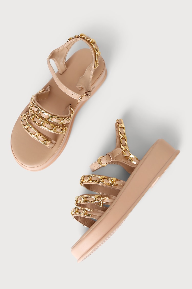 Light Nude Sandals - Gold Chain Sandals - Flatform Sandals - Lulus