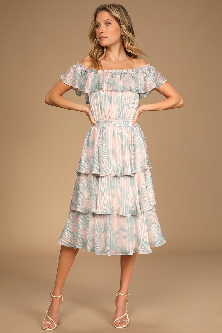 Teal Floral Dress - Off-the-Shoulder Dress - Tiered Midi Dress - Lulus