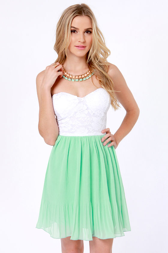 Pretty Mint Green Dress - White Dress 