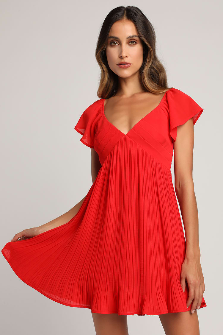 Red Mini Dress - Pleated Mini Dress - Flutter Sleeve Dress - Lulus