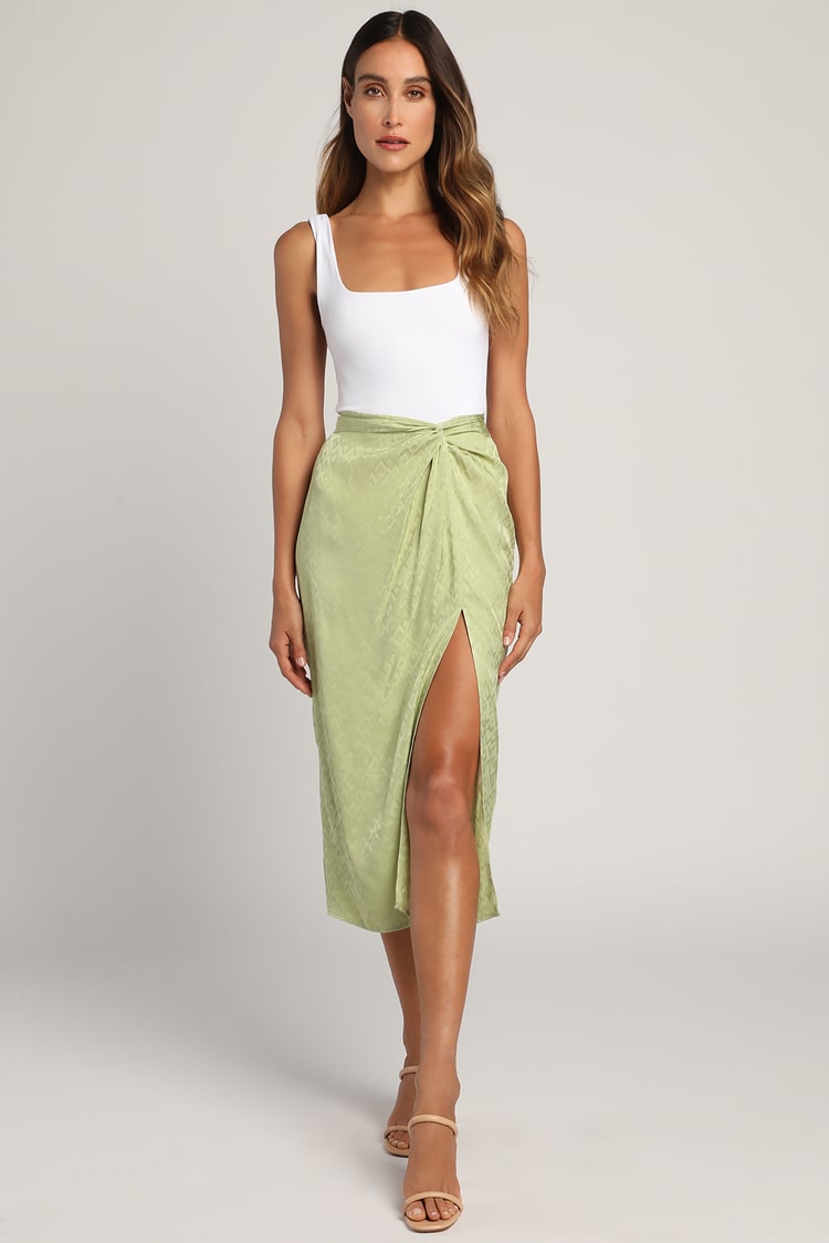Sage Green Midi Skirt - Jacquard Skirt - Knot Front Skirt - Lulus