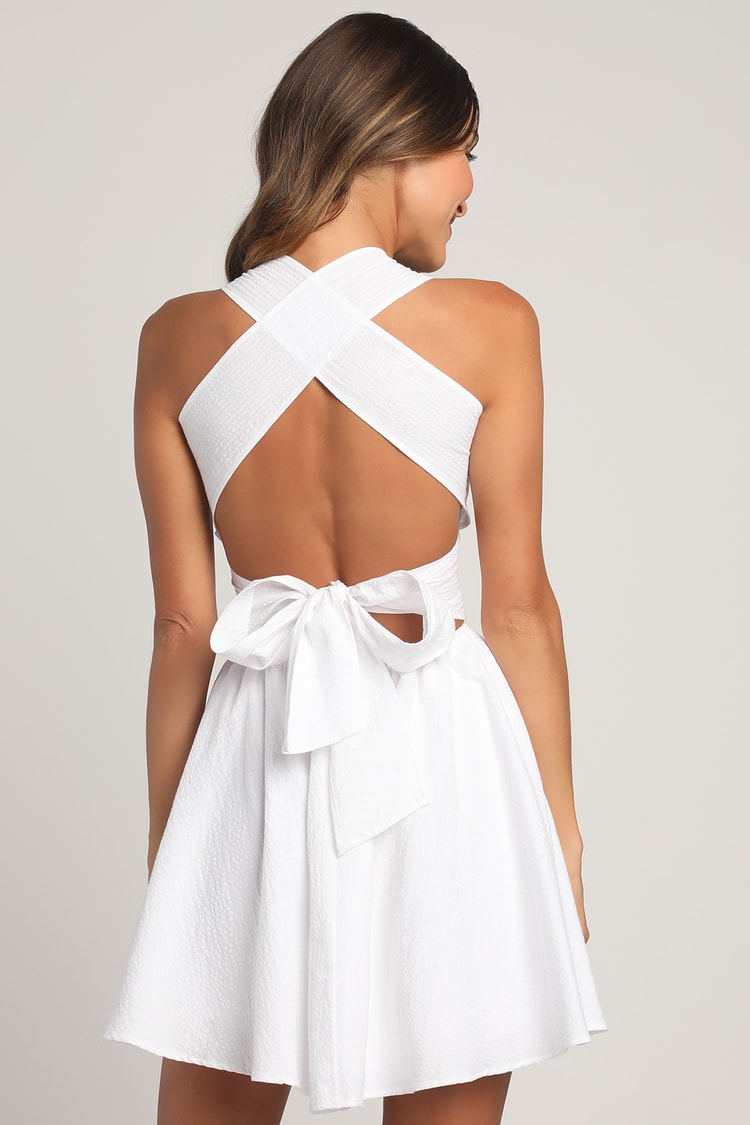 White Smocked Mini Dress - A-Line Dress - Tie Back Dress - Lulus