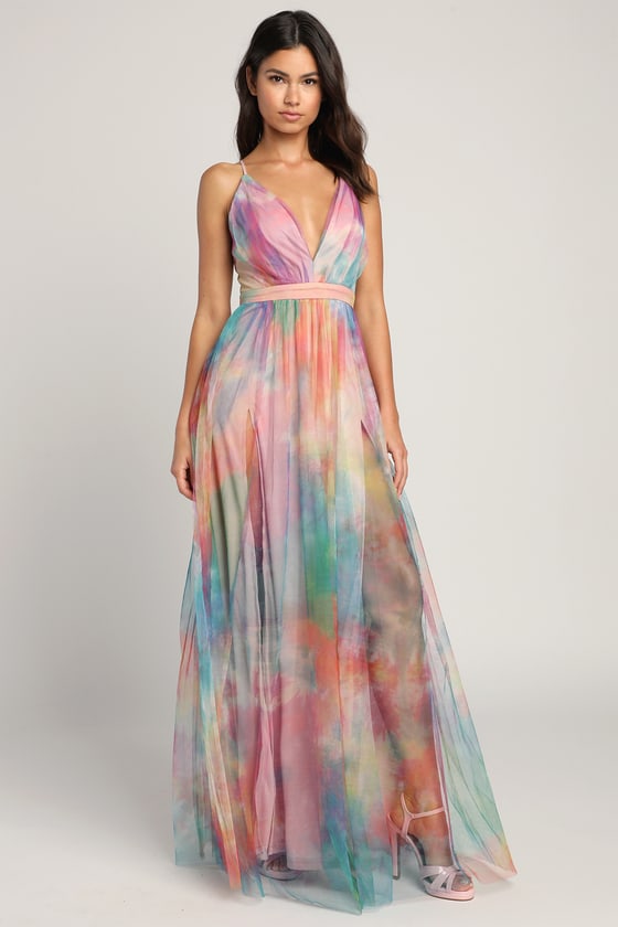 Glam Tie-Dye Gown - Watercolor Tie-Dye Maxi - Slit Leg Maxi Dress