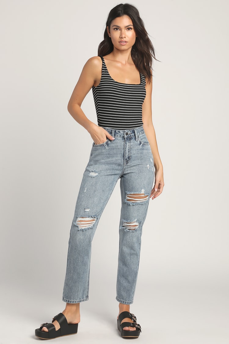 Light Wash Mom Jeans - High Rise Jeans - Distressed Mom Jeans - Lulus