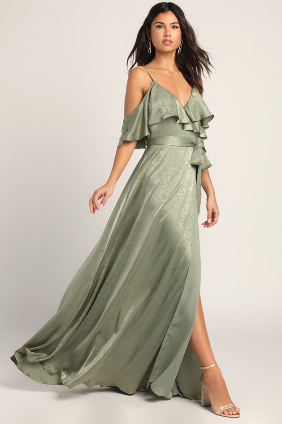 Pretty Sage Green Dress - Cold-Shoulder Maxi - Wrap Dress - Lulus