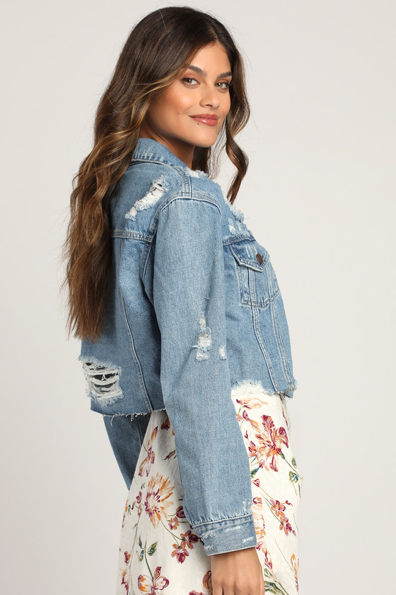 Women's Casual Solid Ripped Distressed Cropped Denim Jean Jacket Coat With  Frayed Hem S(4) - Walmart.com
