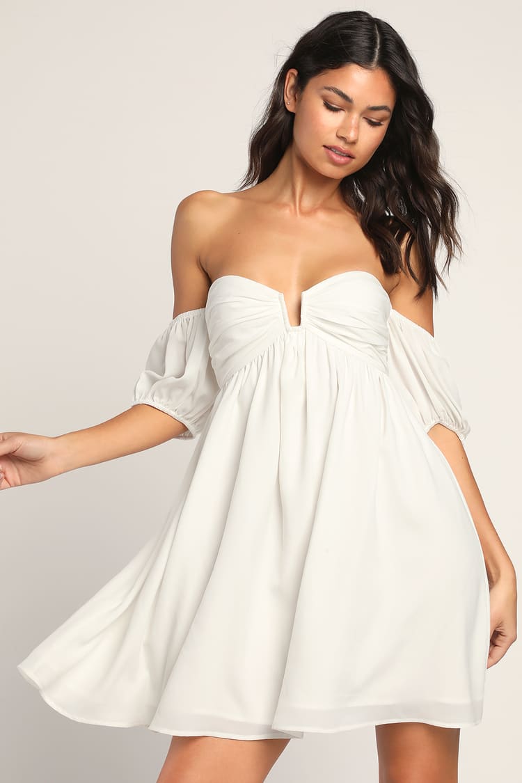 White Mini Off-the-Shoulder Dress- OTS Babydoll - Lulus