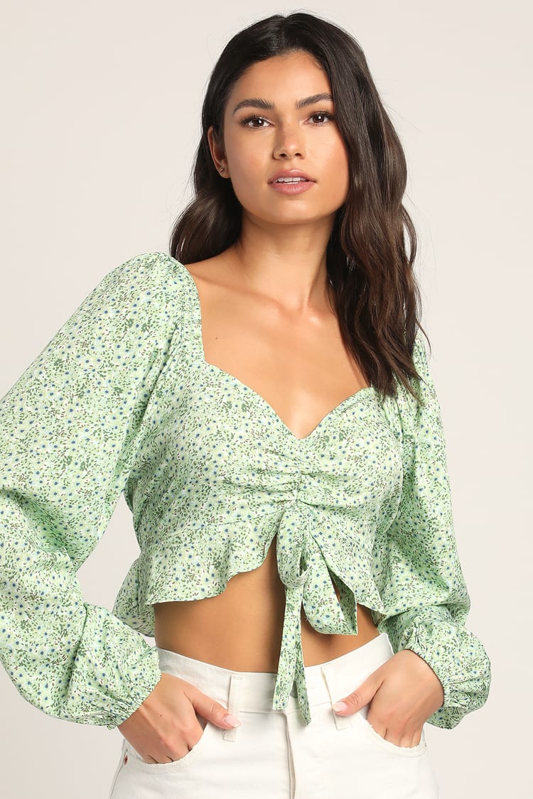 Vero Moda Henna Top - Green Floral Top - Long Sleeve Crop Top - Lulus