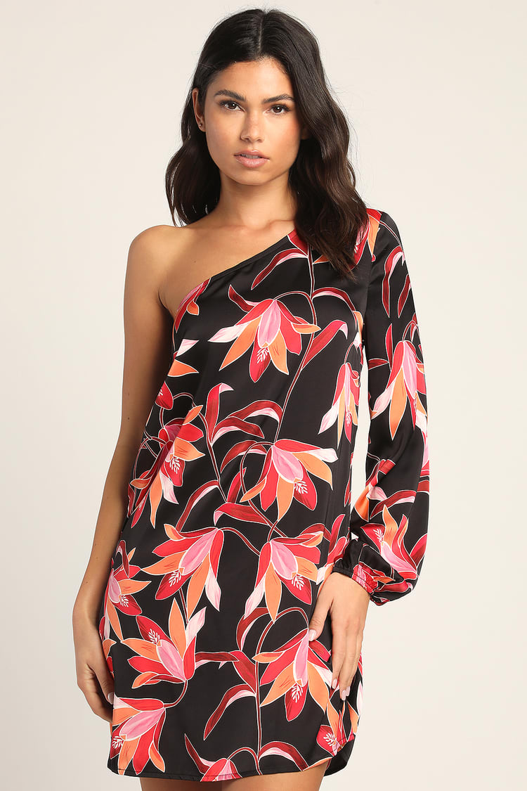 Black Tropical Print Dress - One-Shoulder Mini Dress - Mini Dress - Lulus