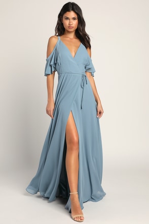- Dress Maxi Dress Dress Blue - - Lulus Wrap OTS Cold-Shoulder Slate