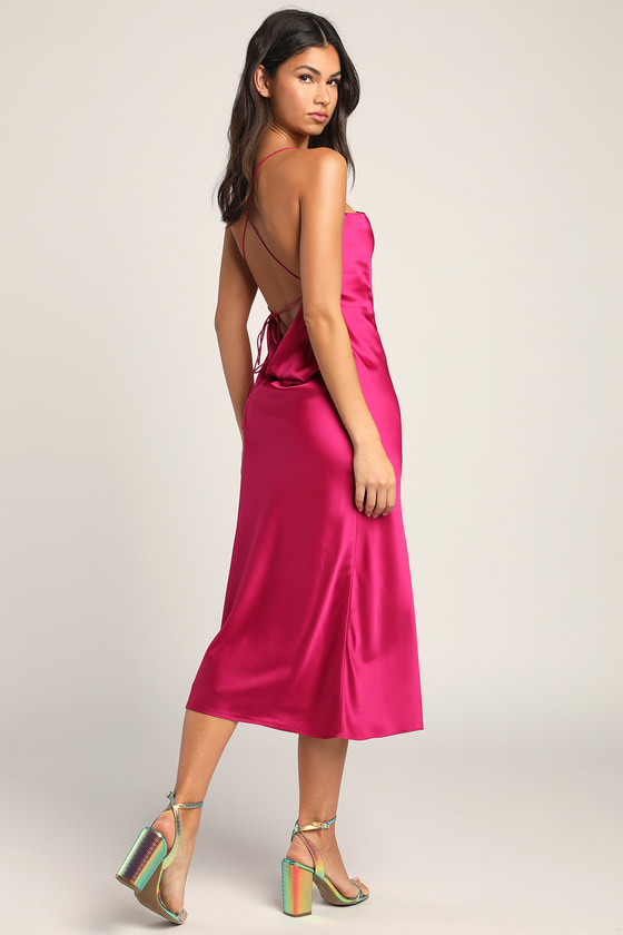 Magenta Satin Dress Cowl Back Dress Backless Cowl Dress Lulus